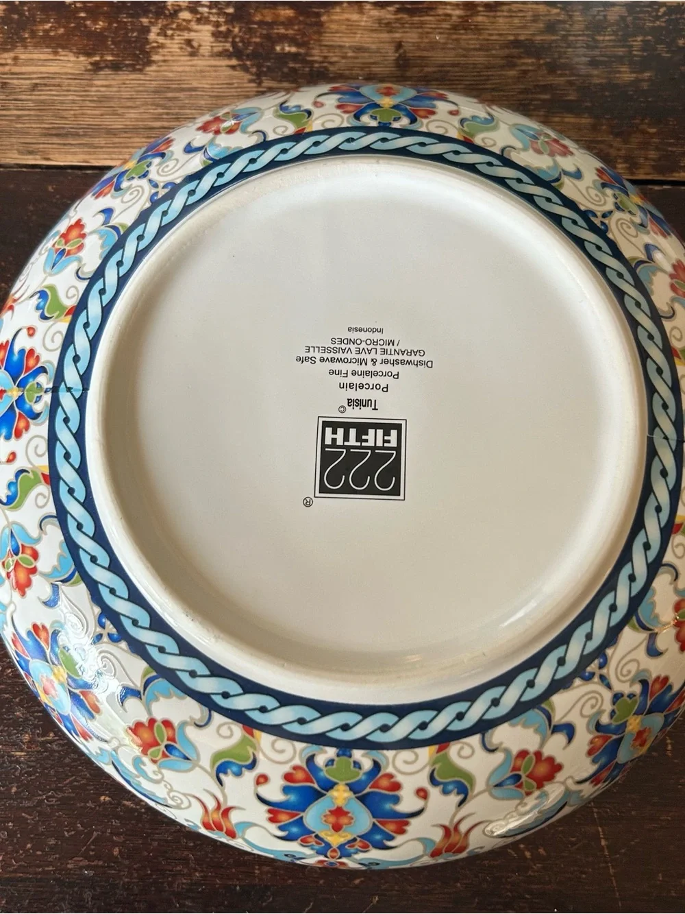 222 Fifth Tunisia Serving Bowl Blue Floral Porcelain Boho Global Dishwasher Safe